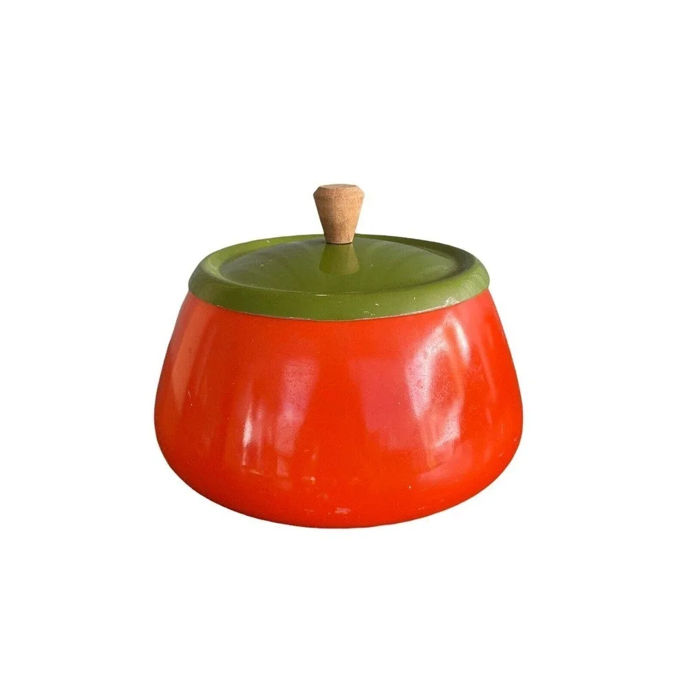 Vtg Shachi Orange Enamelware‎ Fondue Pot W/Lid Wood Handle Mid Century Japan 5”